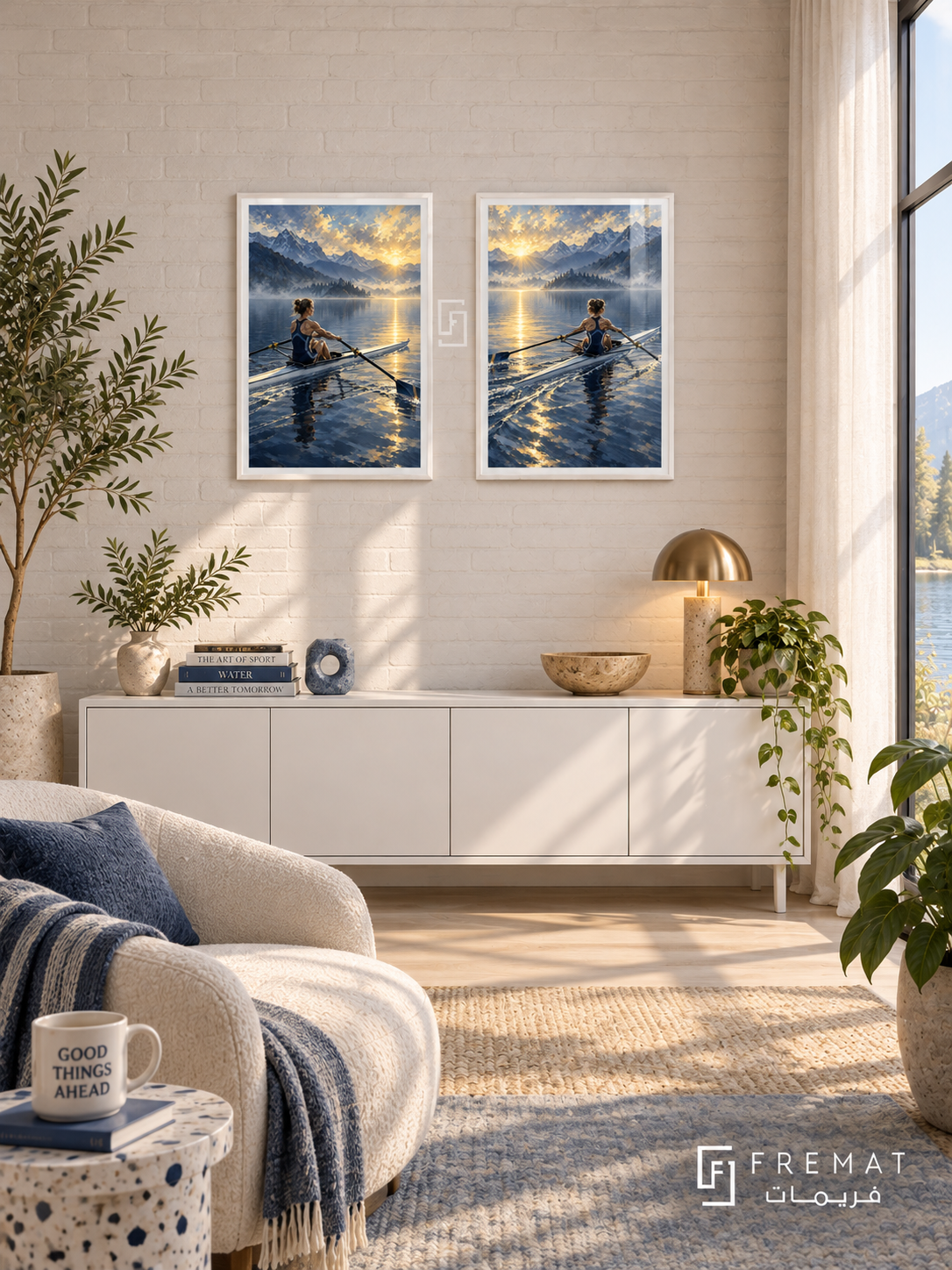 Rowing — set of two sport artworks in White frames.