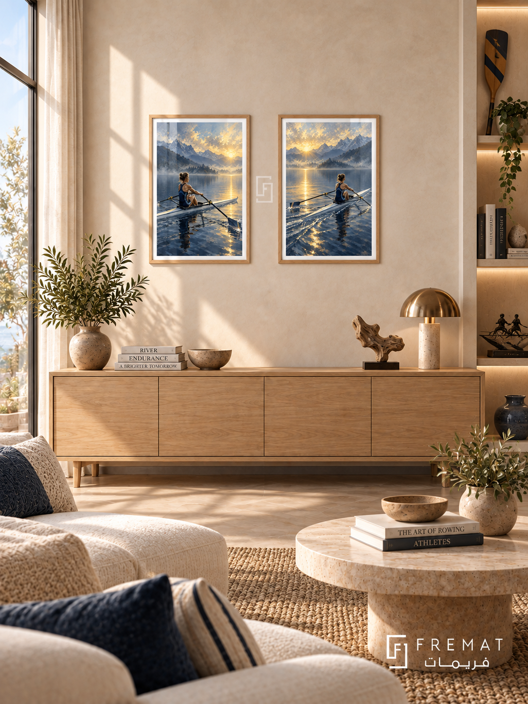 Rowing — set of two sport artworks in Wooden Texture frames.