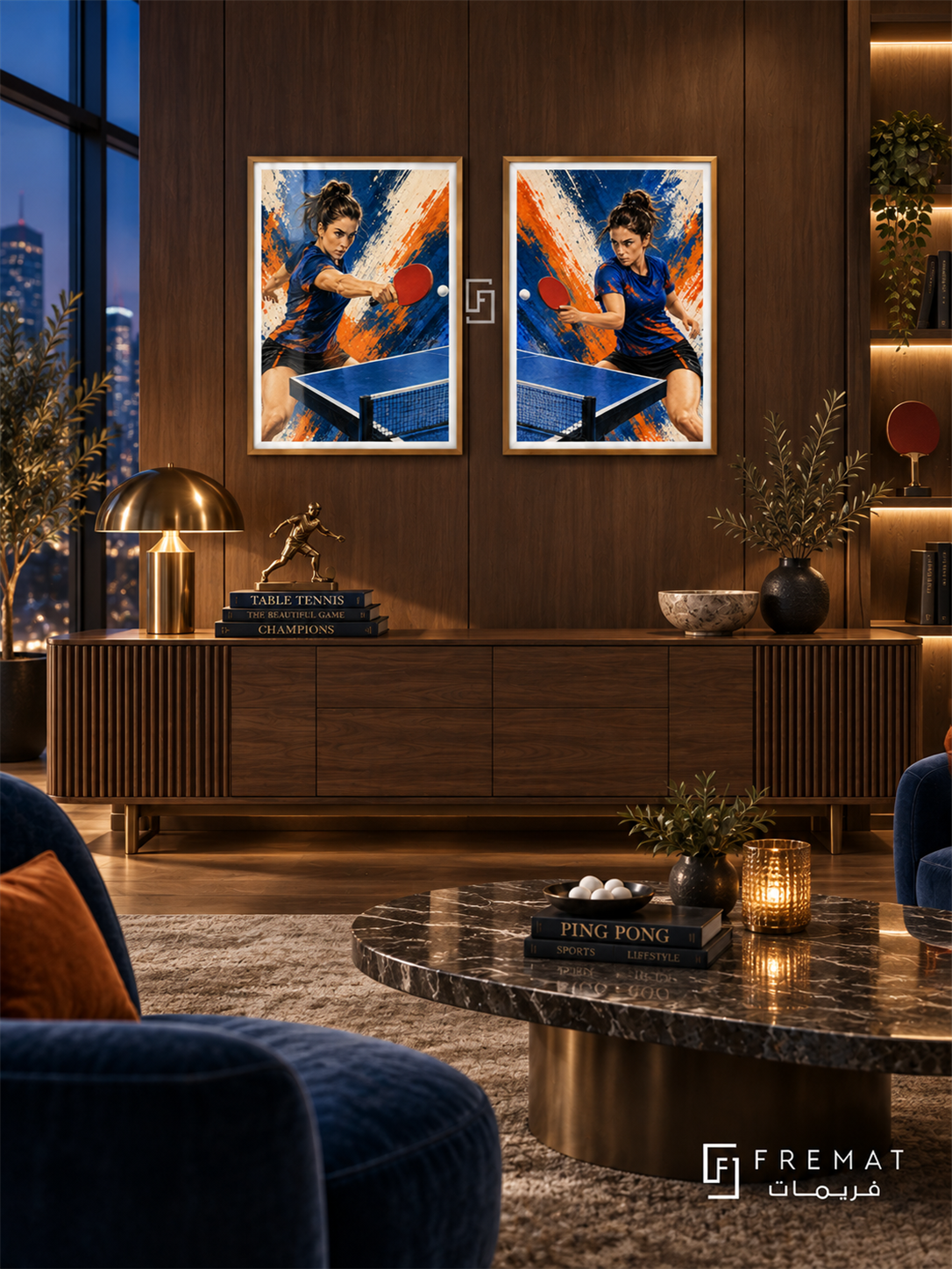 Table Tennis — set of two sport artworks in Gold frames.