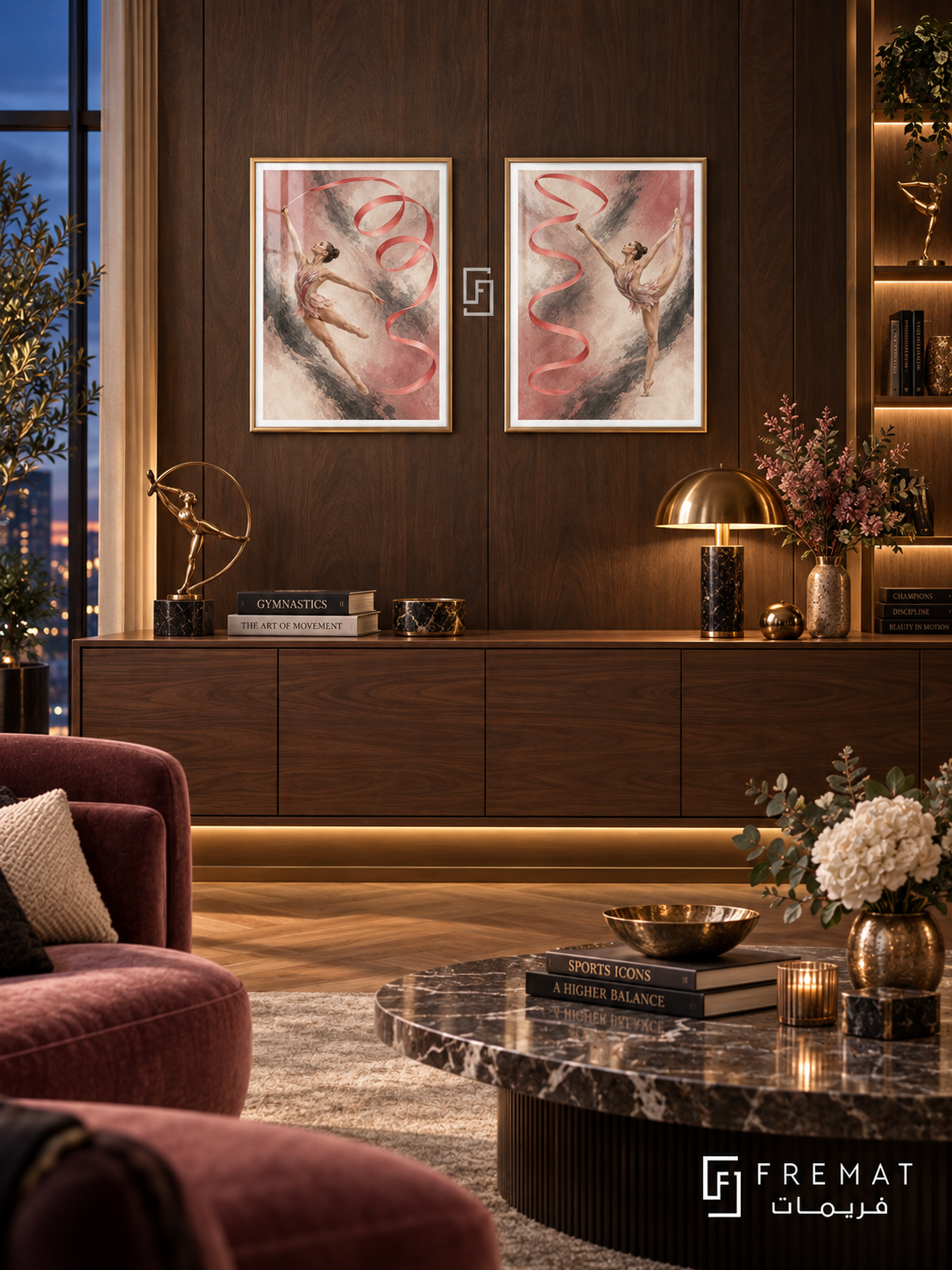 Gymnastics — set of two sport artworks in Gold frames.