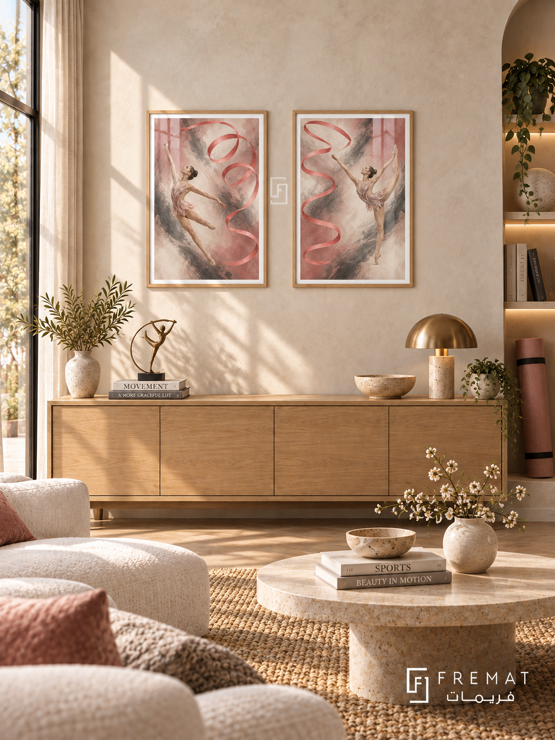 Gymnastics — set of two sport artworks in Wooden Texture frames.
