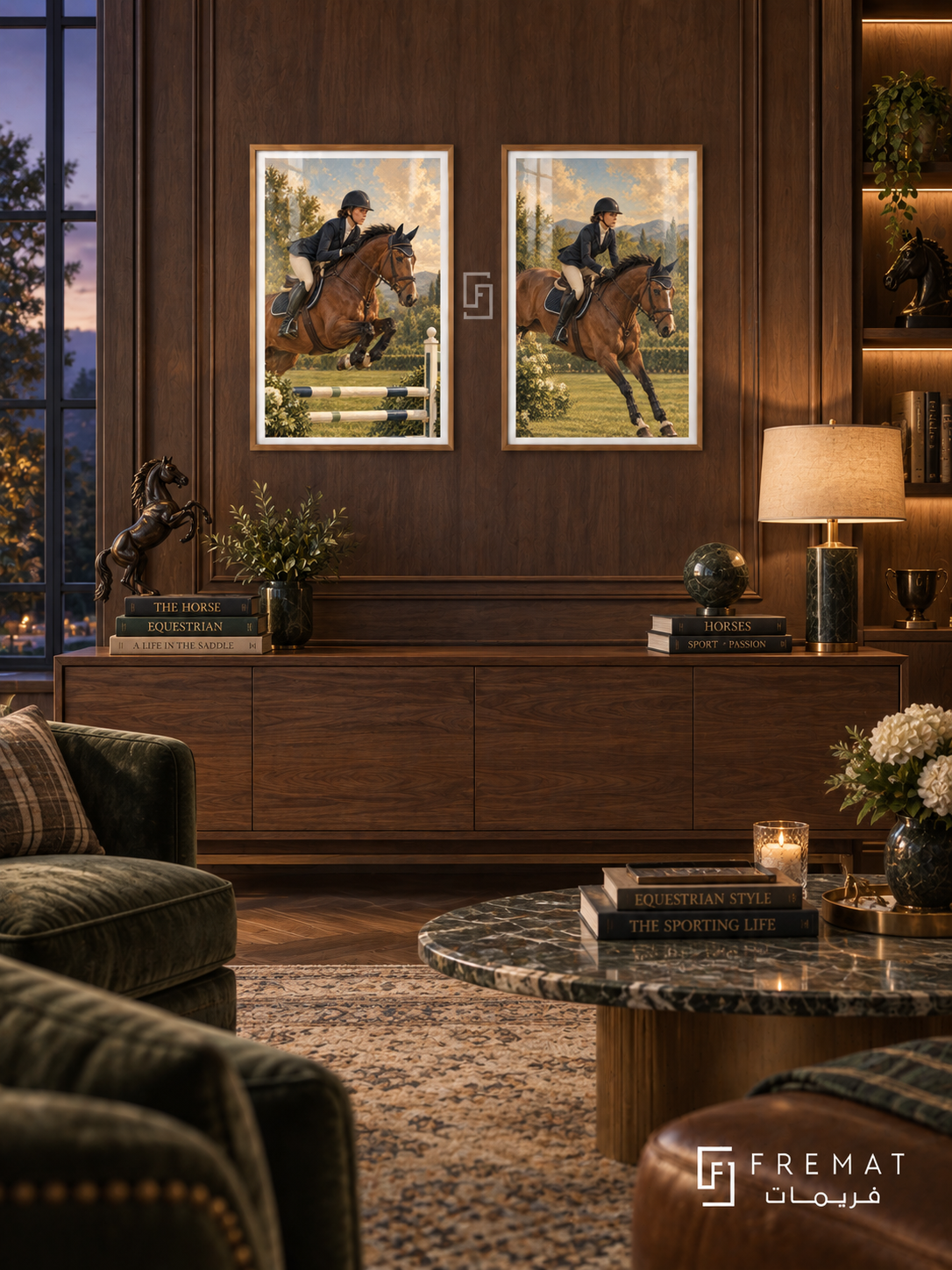 Equestrian — set of two sport artworks in Gold frames.