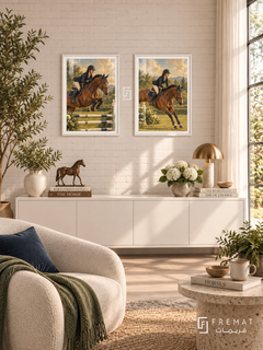 Equestrian — set of two sport artworks in White frames.