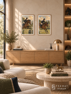 Equestrian — set of two sport artworks in Wooden Texture frames.