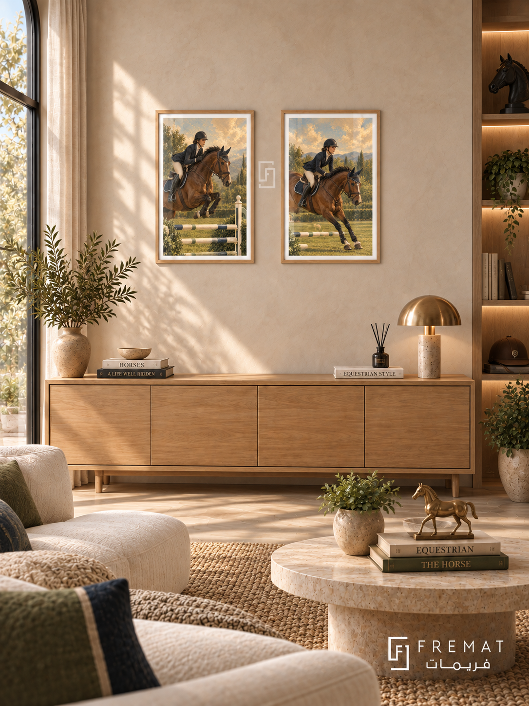 Equestrian — set of two sport artworks in Wooden Texture frames.