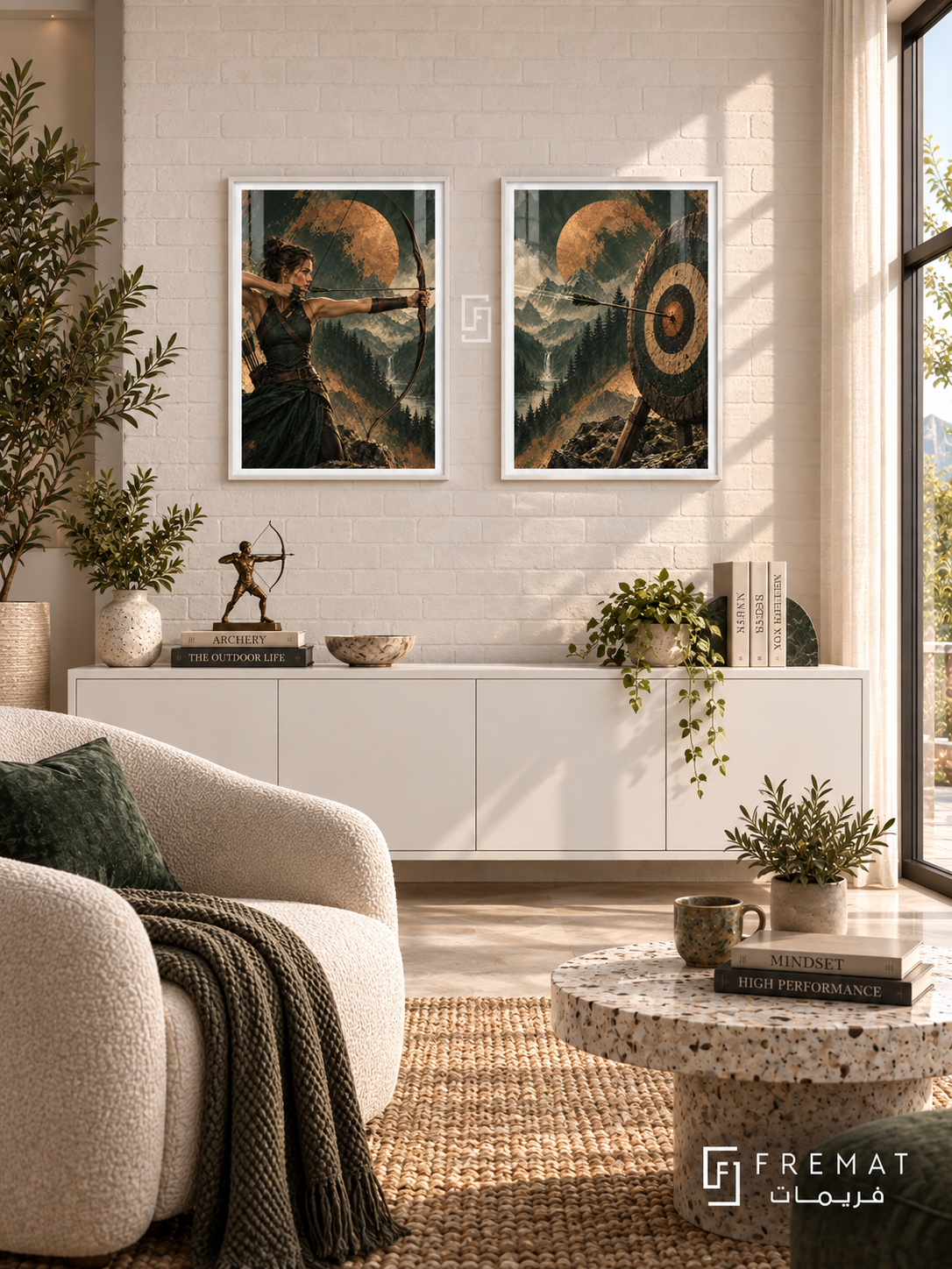 Archery — set of two sport artworks in White frames.