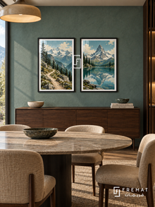 Alpine Escape — set of two travel artworks in Black frames.