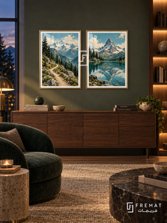 Alpine Escape — set of two travel artworks in Gold frames.