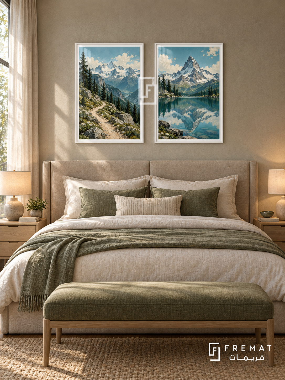 Alpine Escape — set of two travel artworks in White frames.