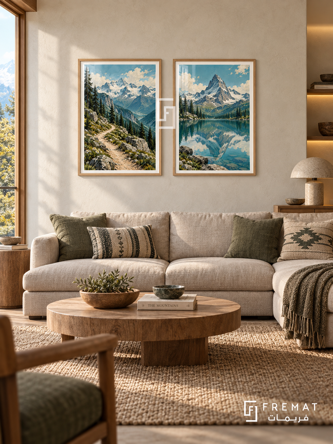 Alpine Escape — set of two travel artworks in Wooden Texture frames.