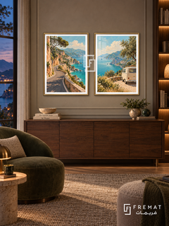 Coastal Road — set of two travel artworks in Gold frames.