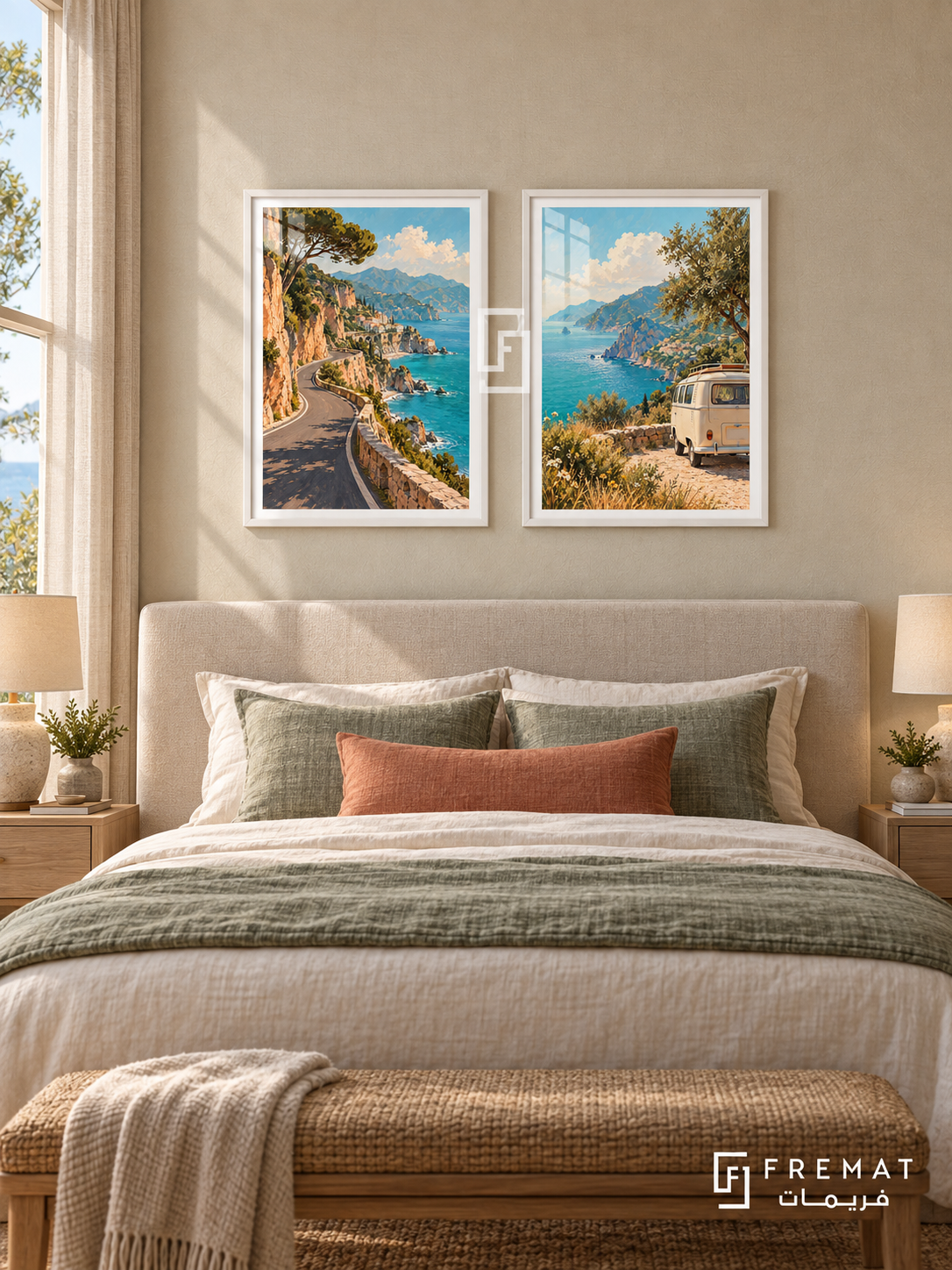 Coastal Road — set of two travel artworks in White frames.