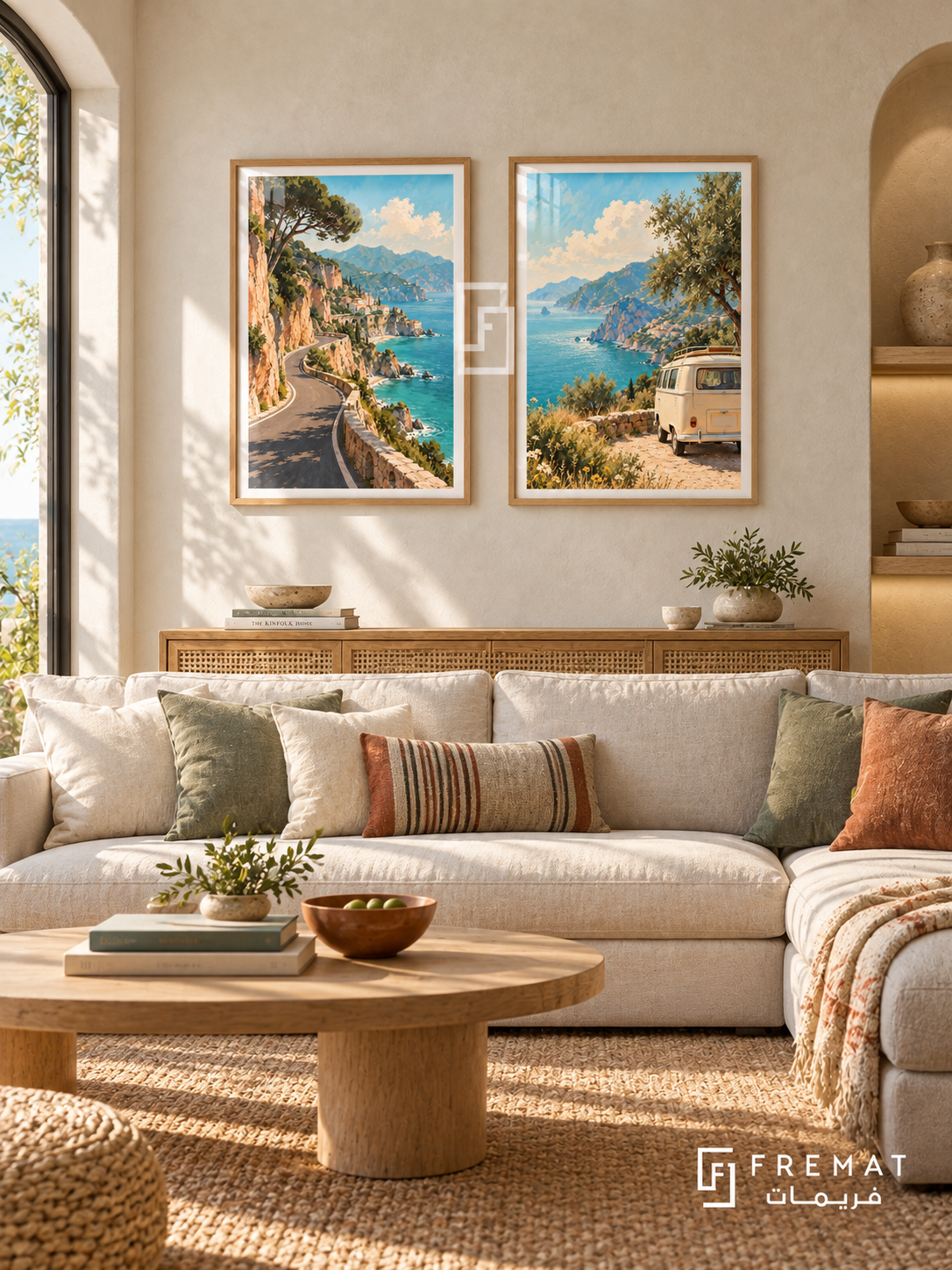 Coastal Road — set of two travel artworks in Wooden Texture frames.