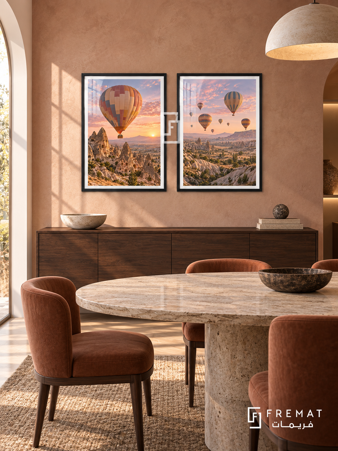Balloon Dawn — set of two travel artworks in Black frames.