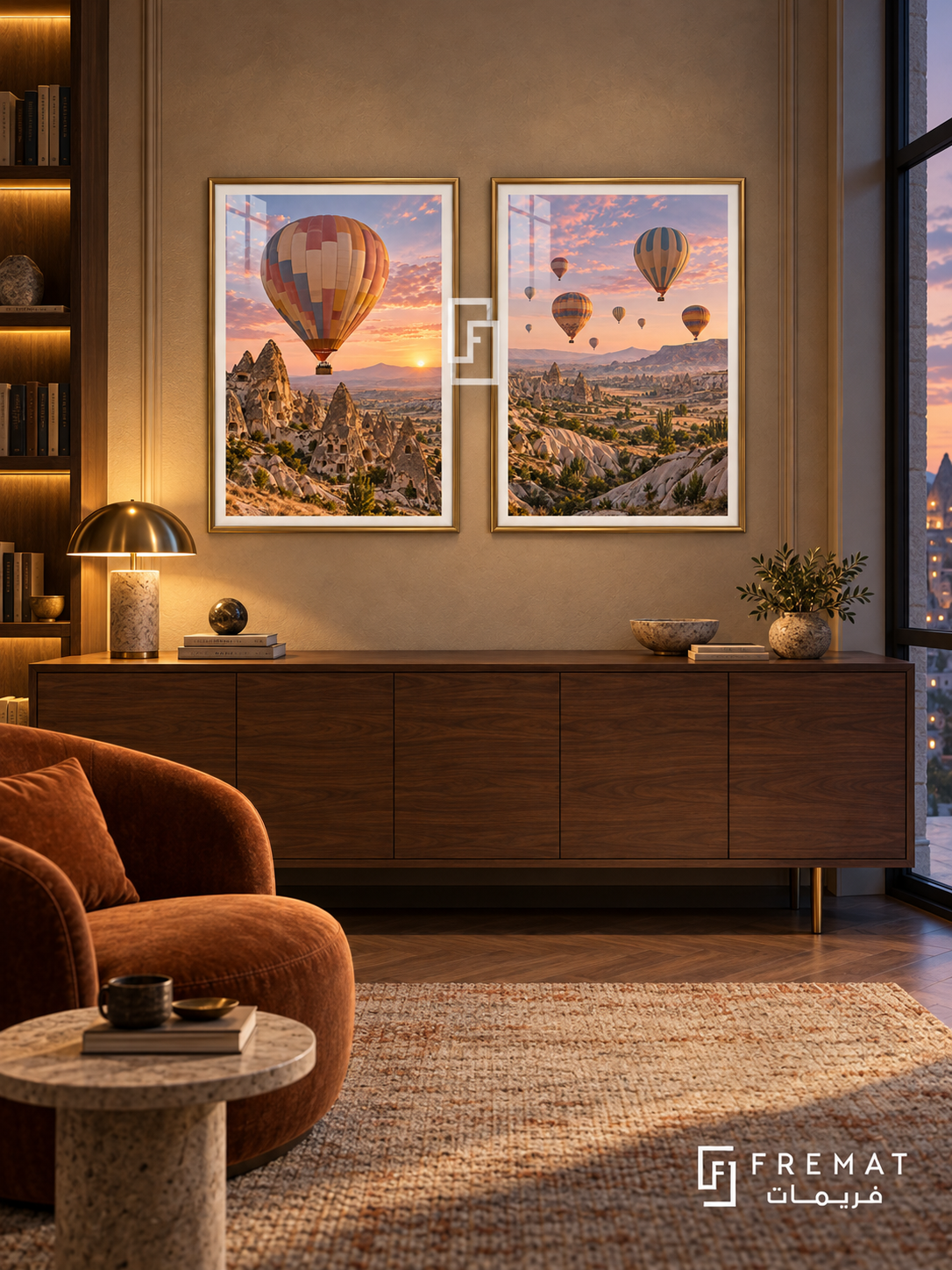 Balloon Dawn — set of two travel artworks in Gold frames.