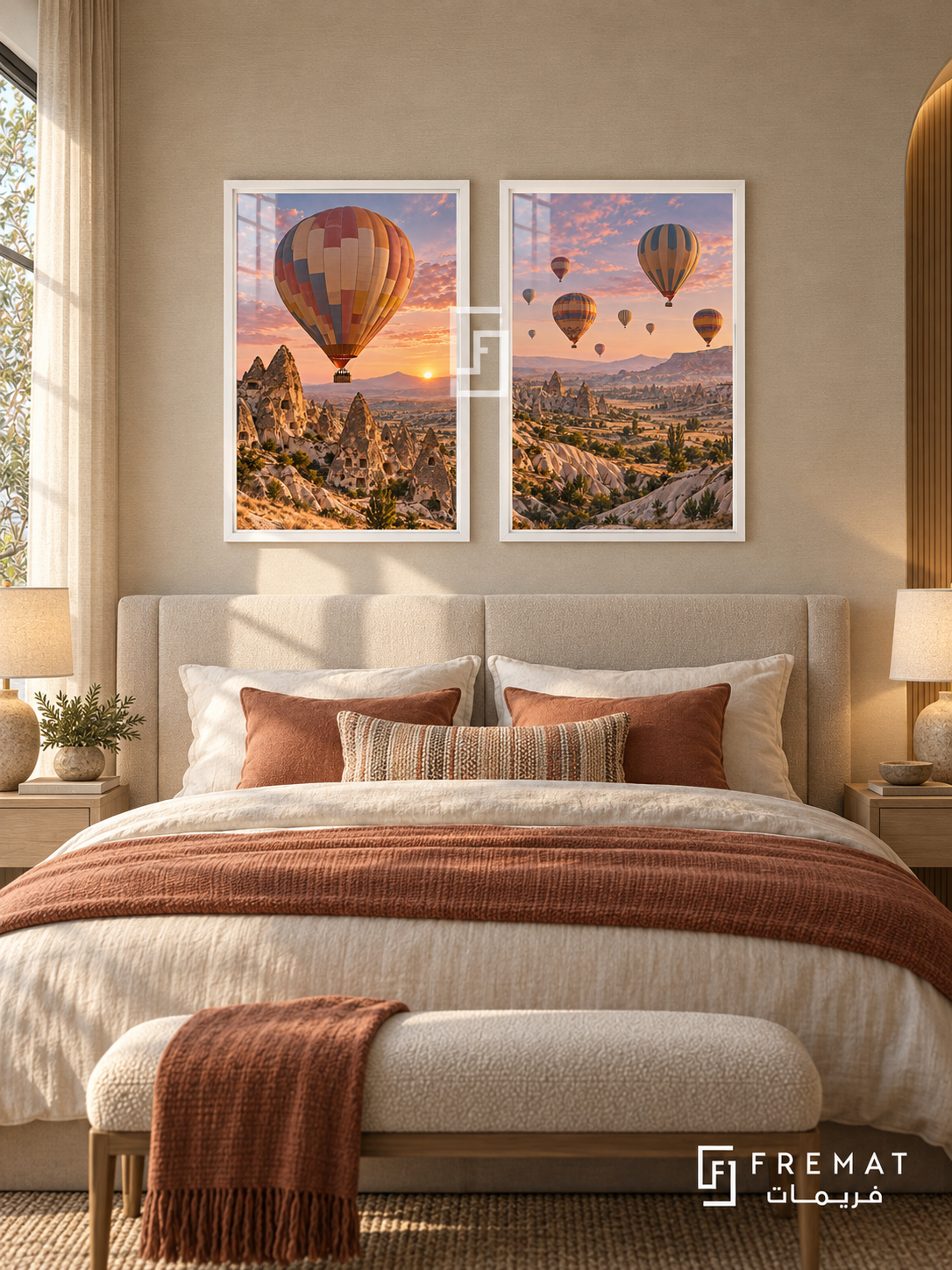 Balloon Dawn — set of two travel artworks in White frames.