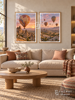 Balloon Dawn — set of two travel artworks in Wooden Texture frames.