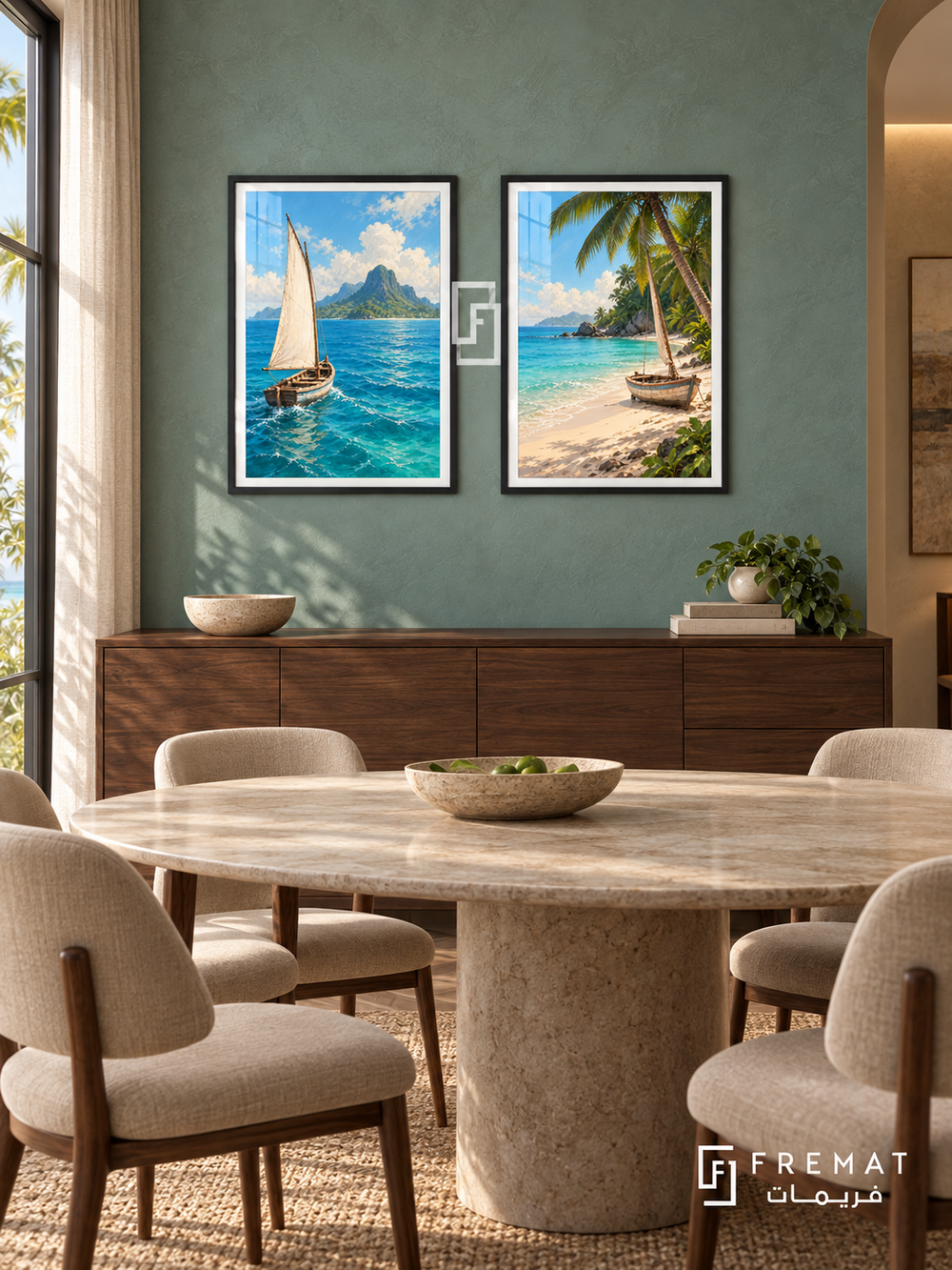 Island Crossing — set of two travel artworks in Black frames.