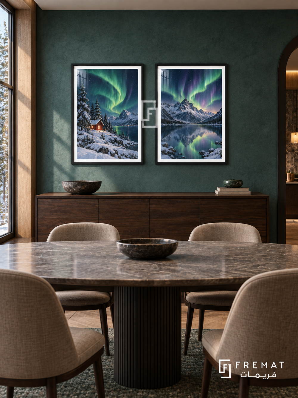 Northern Lights — set of two travel artworks in Black frames.