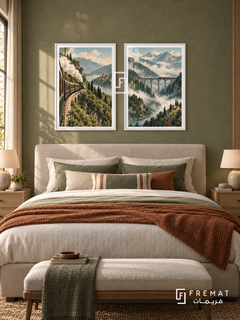 Railway Wander — set of two travel artworks in White frames.
