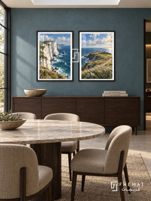 Ocean Cliffs — set of two travel artworks in Black frames.