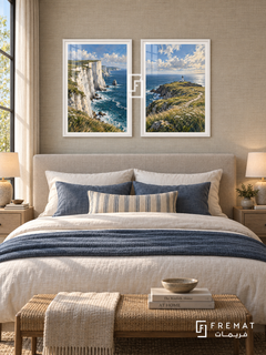 Ocean Cliffs — set of two travel artworks in White frames.
