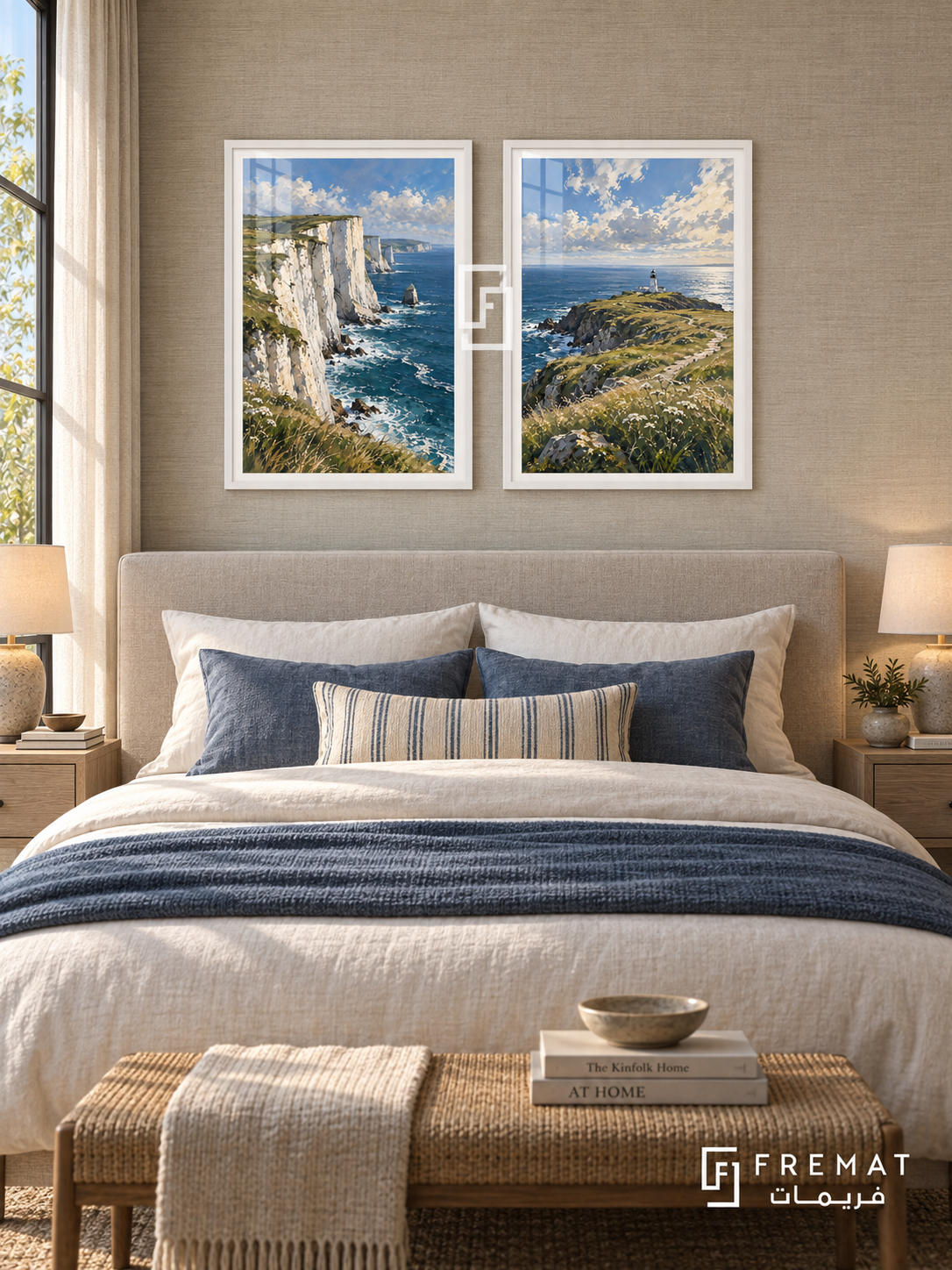 Ocean Cliffs — set of two travel artworks in White frames.