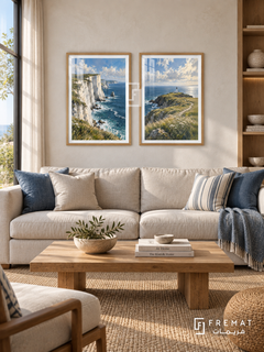 Ocean Cliffs — set of two travel artworks in Wooden Texture frames.