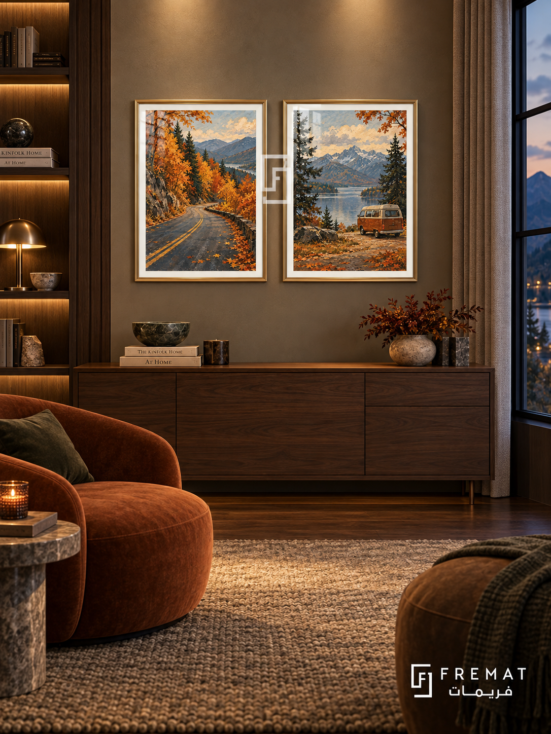 Autumn Drive — set of two travel artworks in Gold frames.