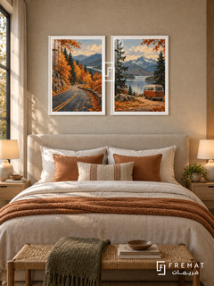 Autumn Drive — set of two travel artworks in White frames.