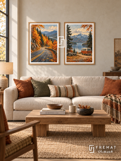 Autumn Drive — set of two travel artworks in Wooden Texture frames.
