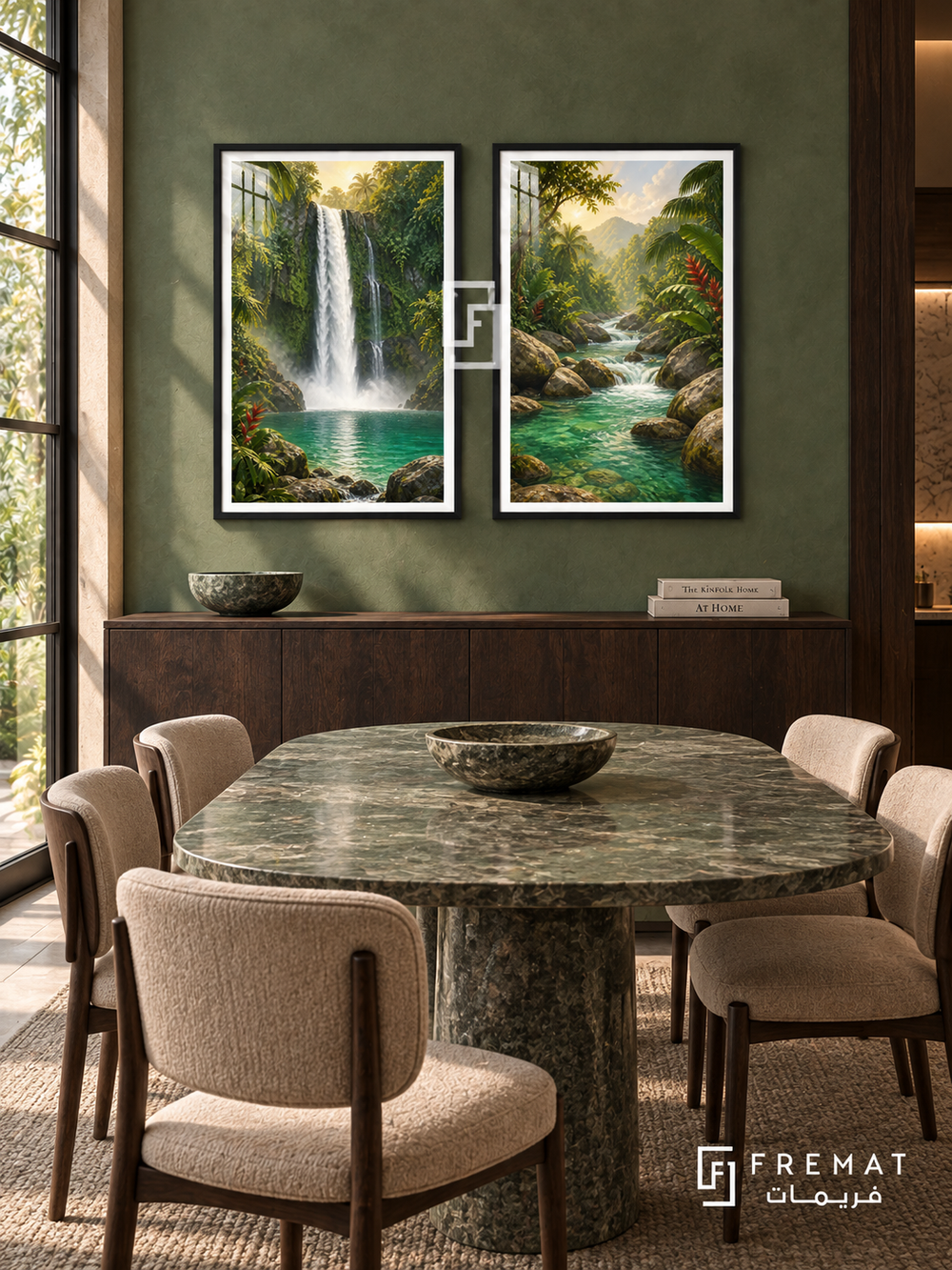 Tropical Waterfall — set of two travel artworks in Black frames.
