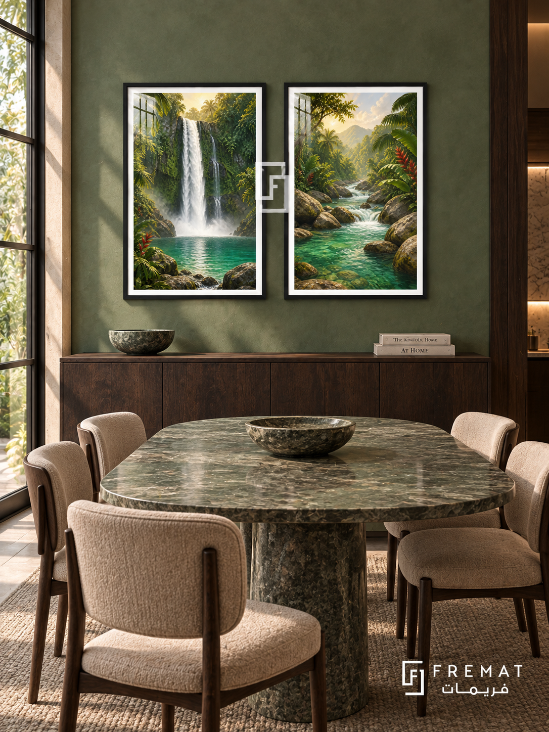 Tropical Waterfall — set of two travel artworks in Black frames.