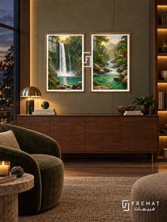 Tropical Waterfall — set of two travel artworks in Gold frames.
