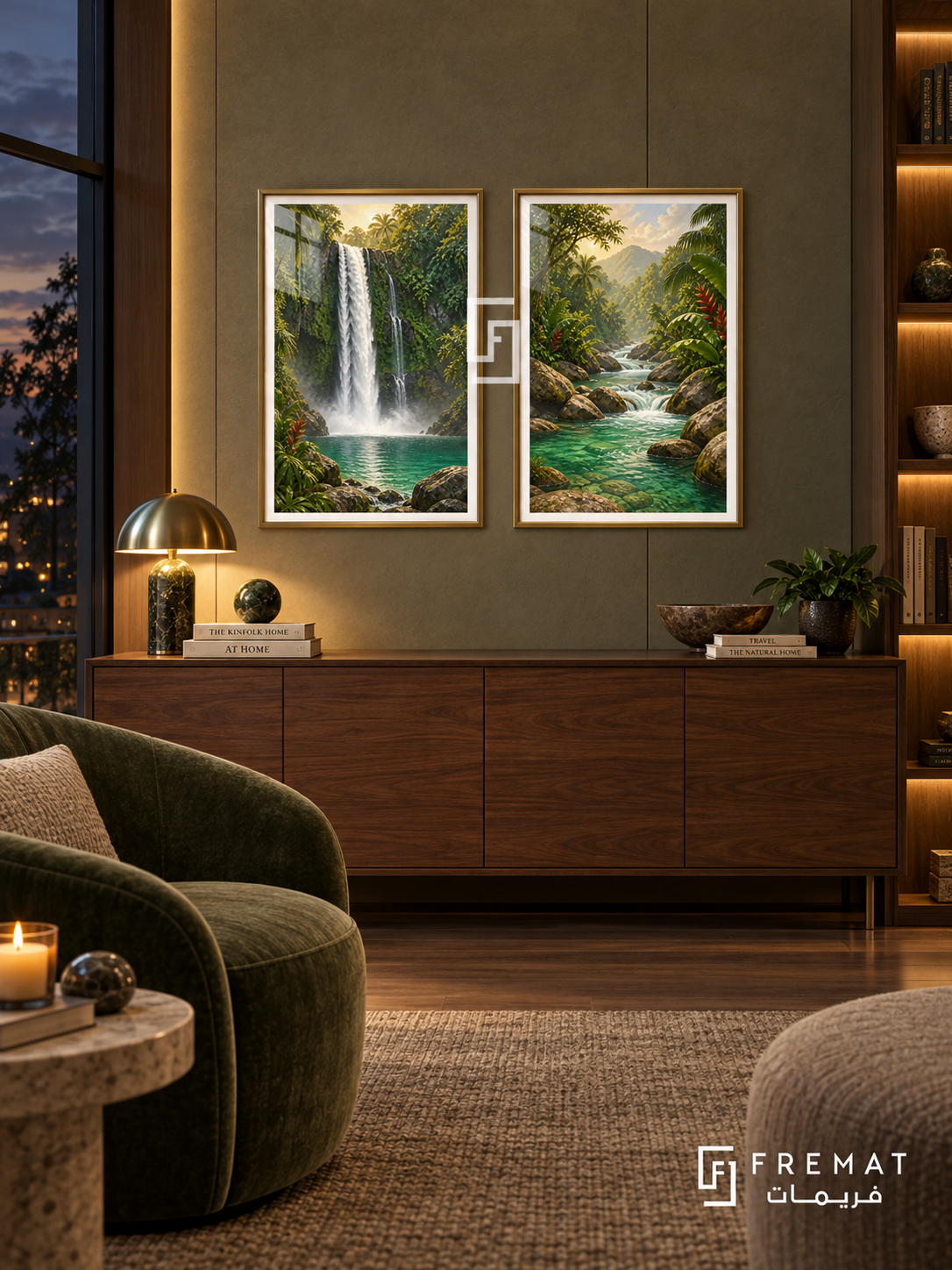 Tropical Waterfall — set of two travel artworks in Gold frames.