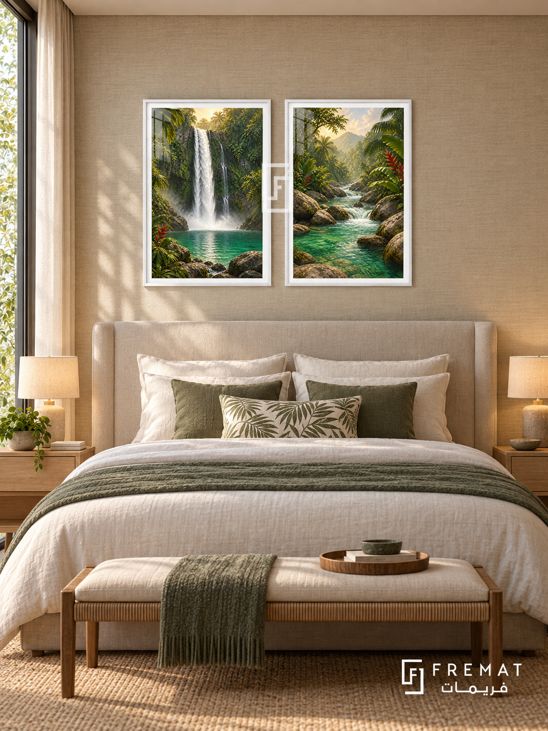 Tropical Waterfall — set of two travel artworks in White frames.