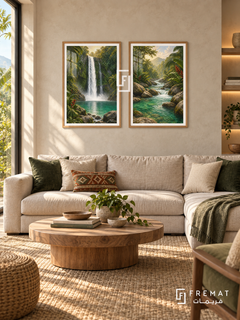 Tropical Waterfall — set of two travel artworks in Wooden Texture frames.