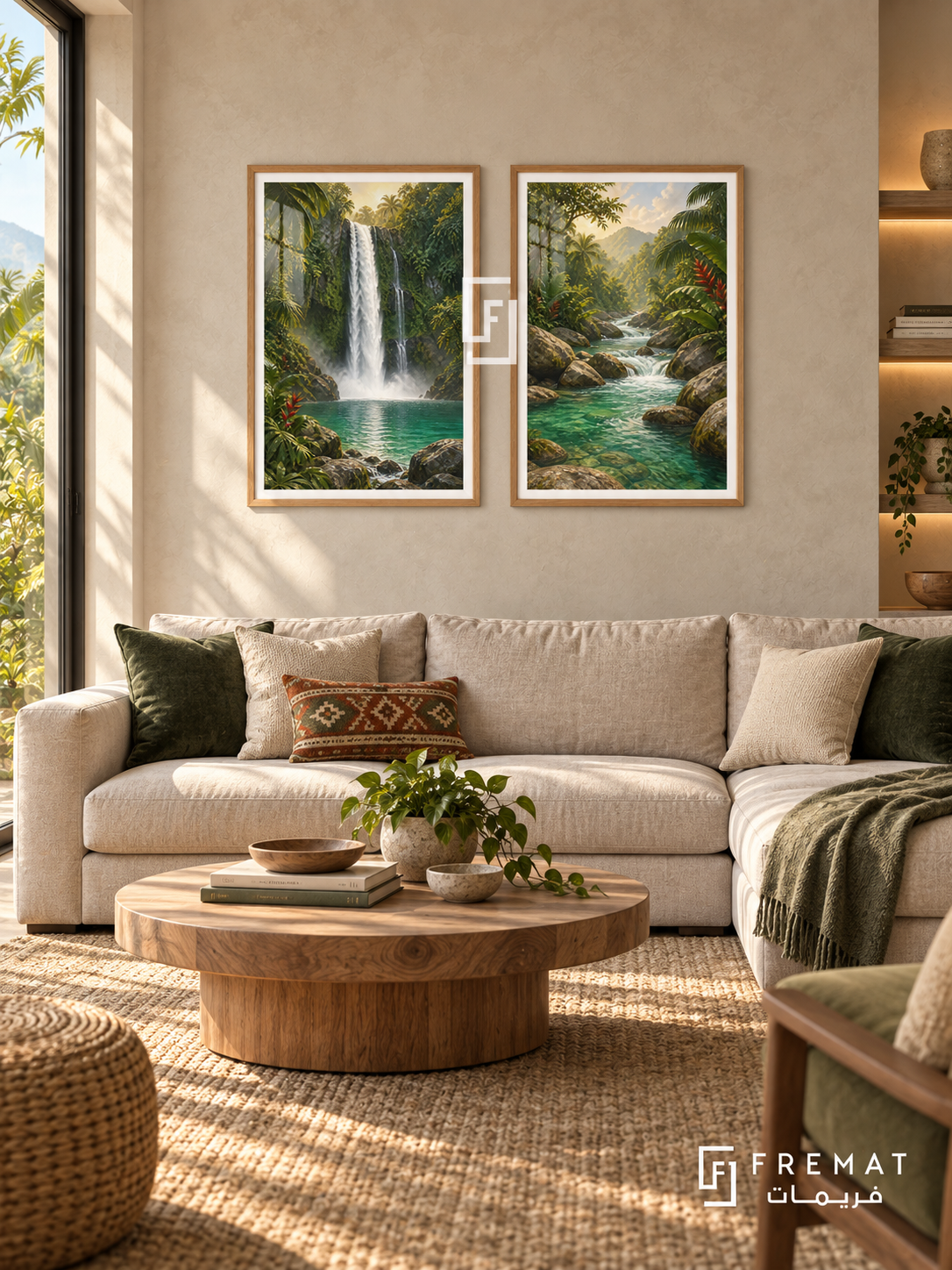 Tropical Waterfall — set of two travel artworks in Wooden Texture frames.