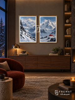 Snowy Expedition — set of two travel artworks in Gold frames.