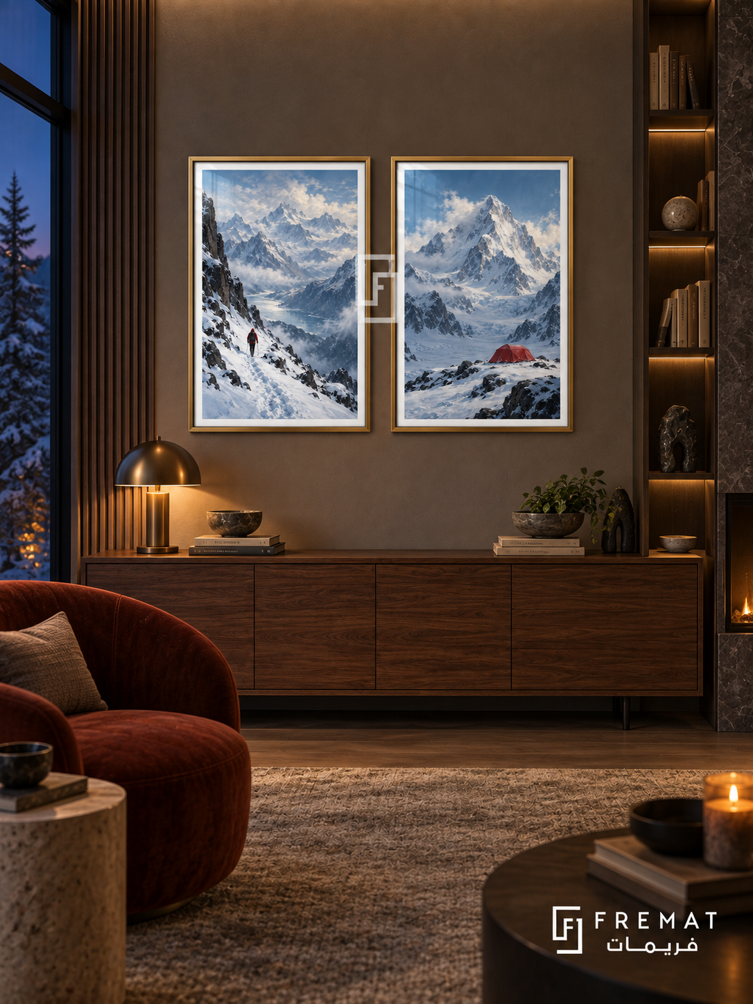 Snowy Expedition — set of two travel artworks in Gold frames.