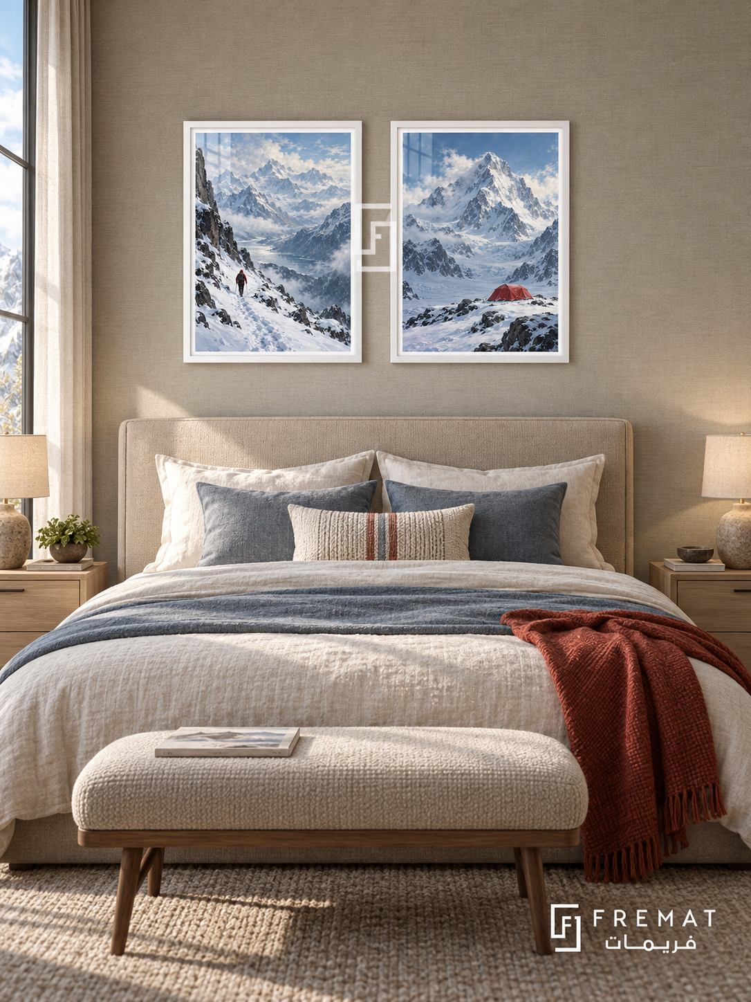 Snowy Expedition — set of two travel artworks in White frames.