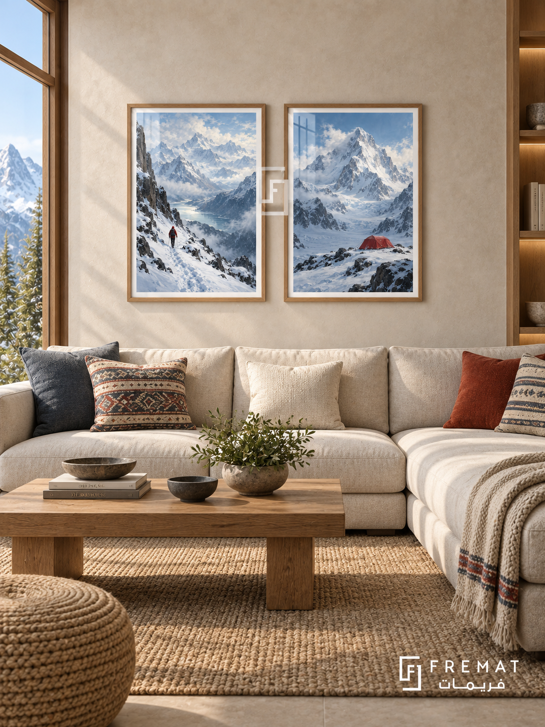 Snowy Expedition — set of two travel artworks in Wooden Texture frames.