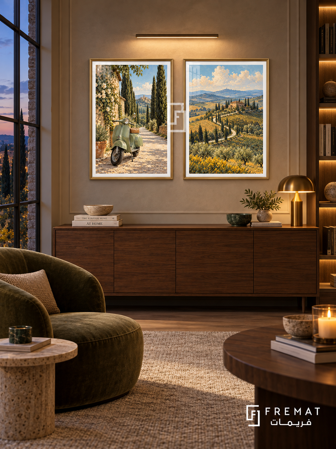 Tuscan Ride — set of two travel artworks in Gold frames.