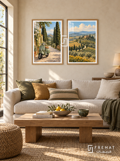 Tuscan Ride — set of two travel artworks in Wooden Texture frames.