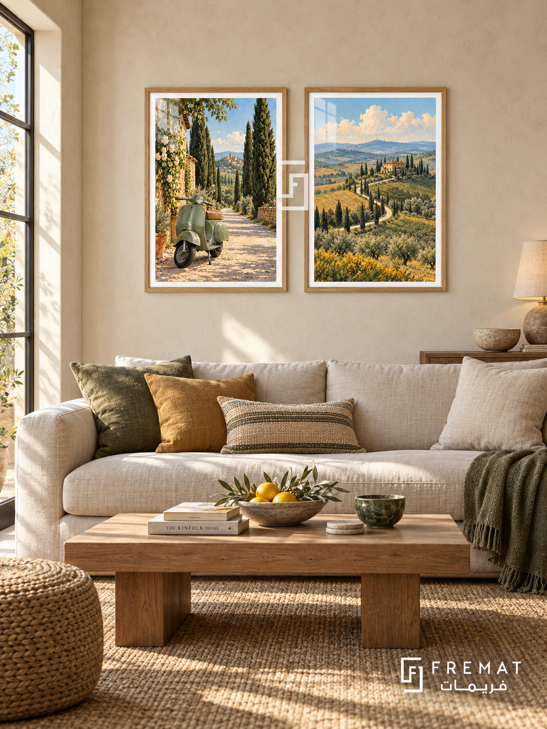 Tuscan Ride — set of two travel artworks in Wooden Texture frames.