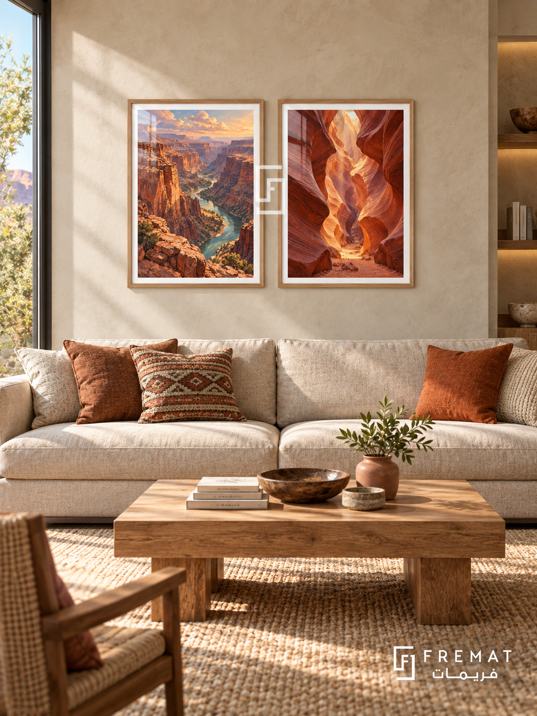 Canyon Light — set of two travel artworks in Wooden Texture frames.