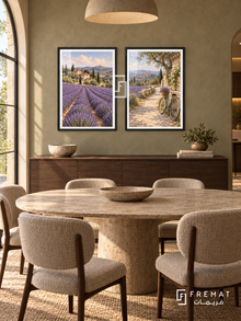 Lavender Route — set of two travel artworks in Black frames.