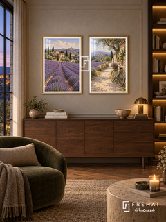 Lavender Route — set of two travel artworks in Gold frames.