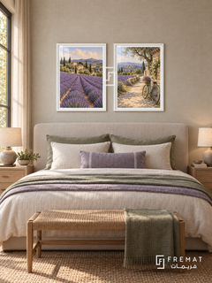Lavender Route — set of two travel artworks in White frames.