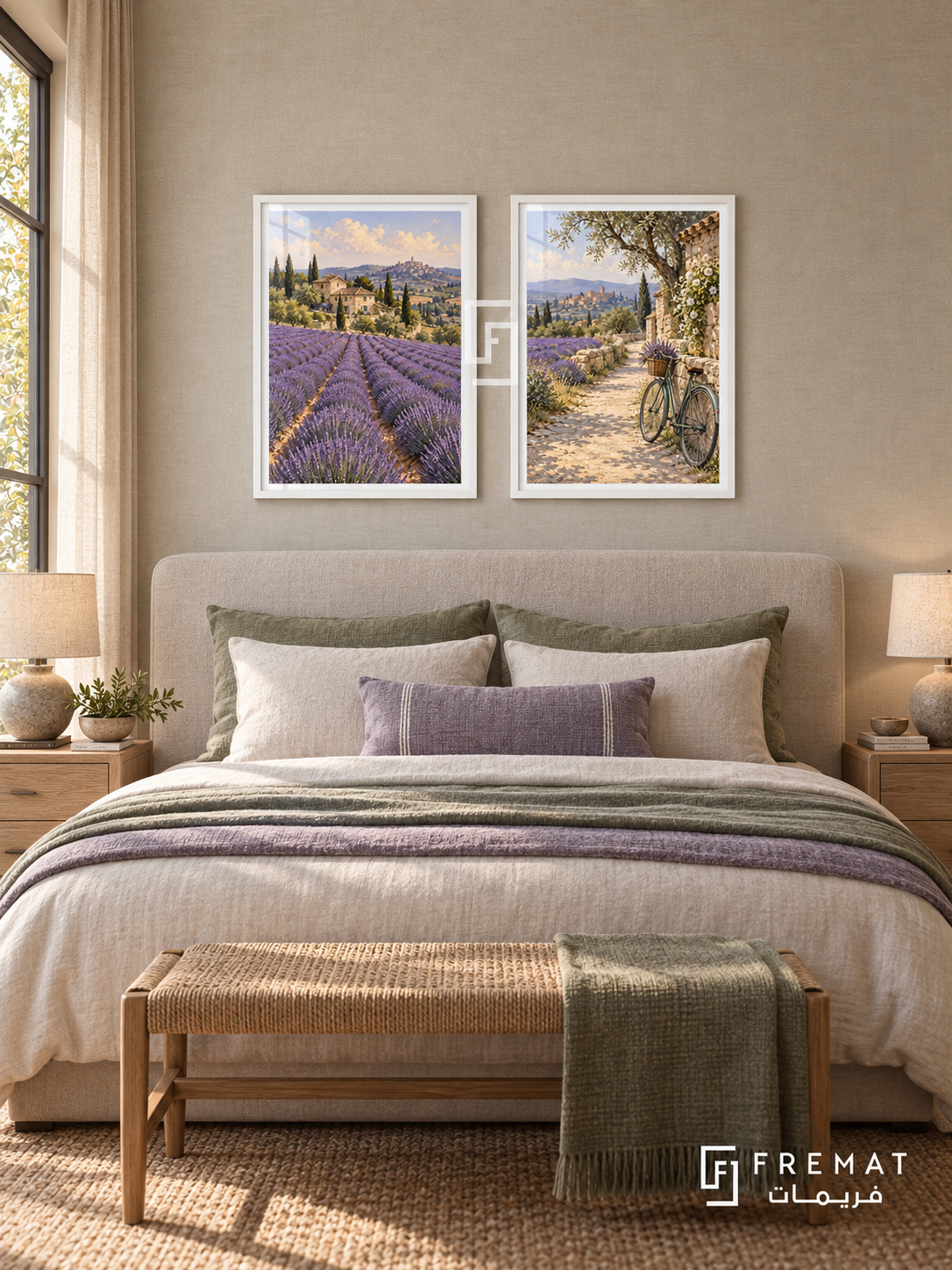 Lavender Route — set of two travel artworks in White frames.
